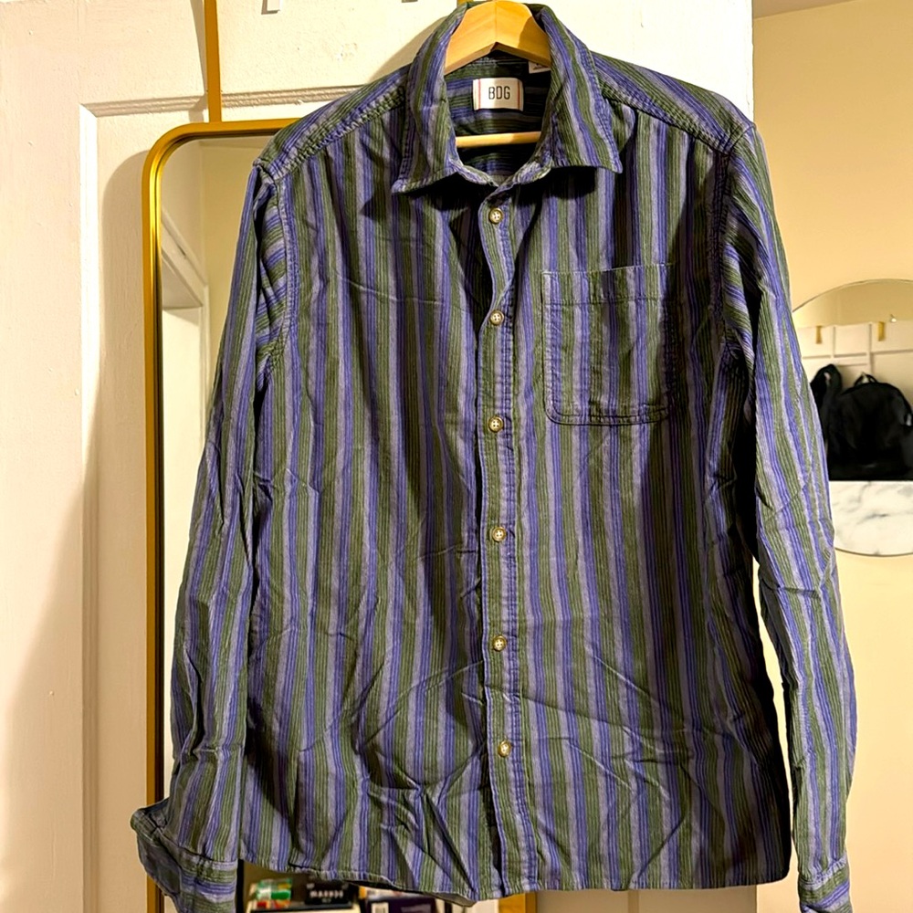 BDG Men Corduroy Long Sleeve Pocketed Shirt - Vertical Stripes Multicolor